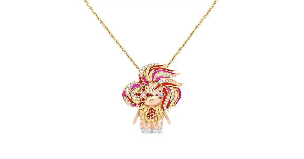 Vivienne Rooster Pendant, 3 Golds, Lacquer, Diamonds & Colored Gemstones