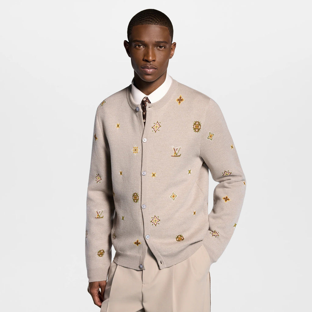 Collarless Jacquard Cardigan