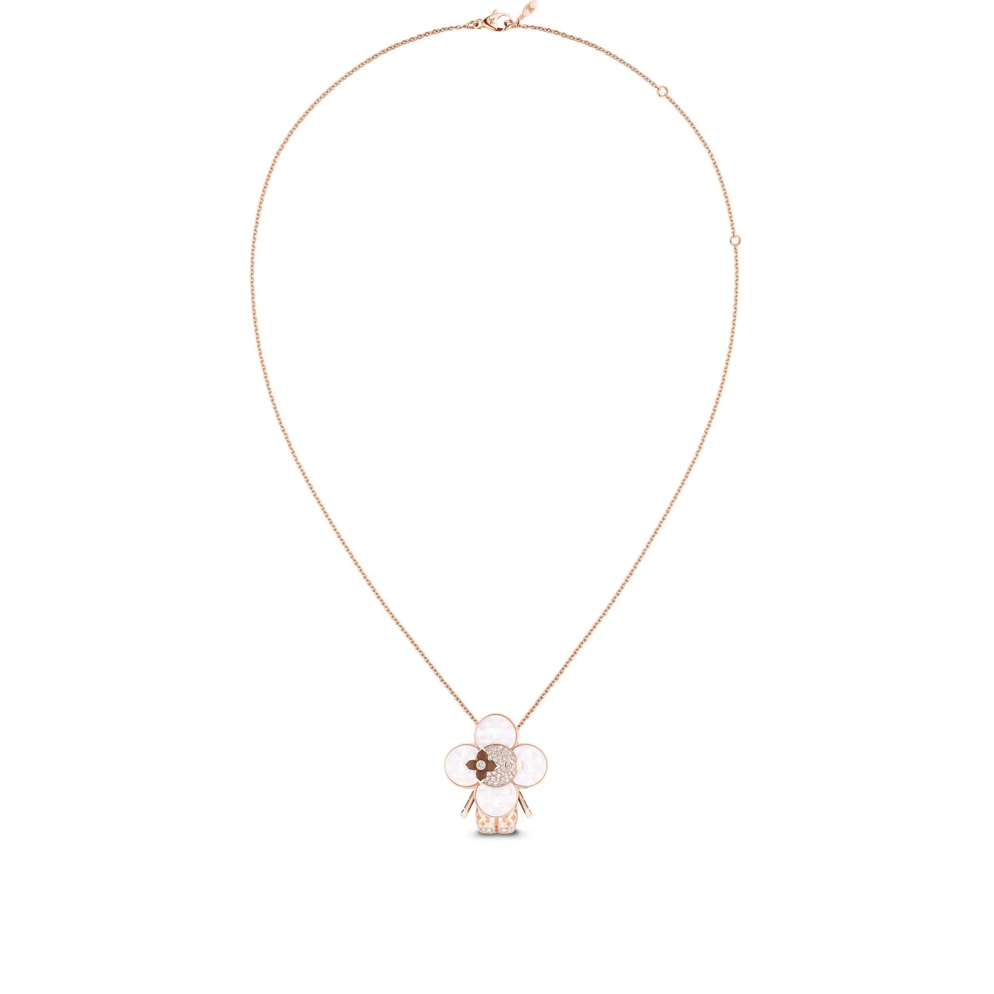 Vivienne Monogram Pendant, Pink Gold, Mother-Of-Pearl, Wood & Diamonds