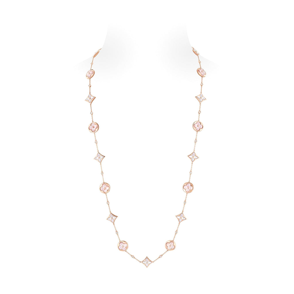 Color Blossom M Multi-Motif Long Necklace, Pink Gold, White and Pink Mother-of-Pearl and Diamonds