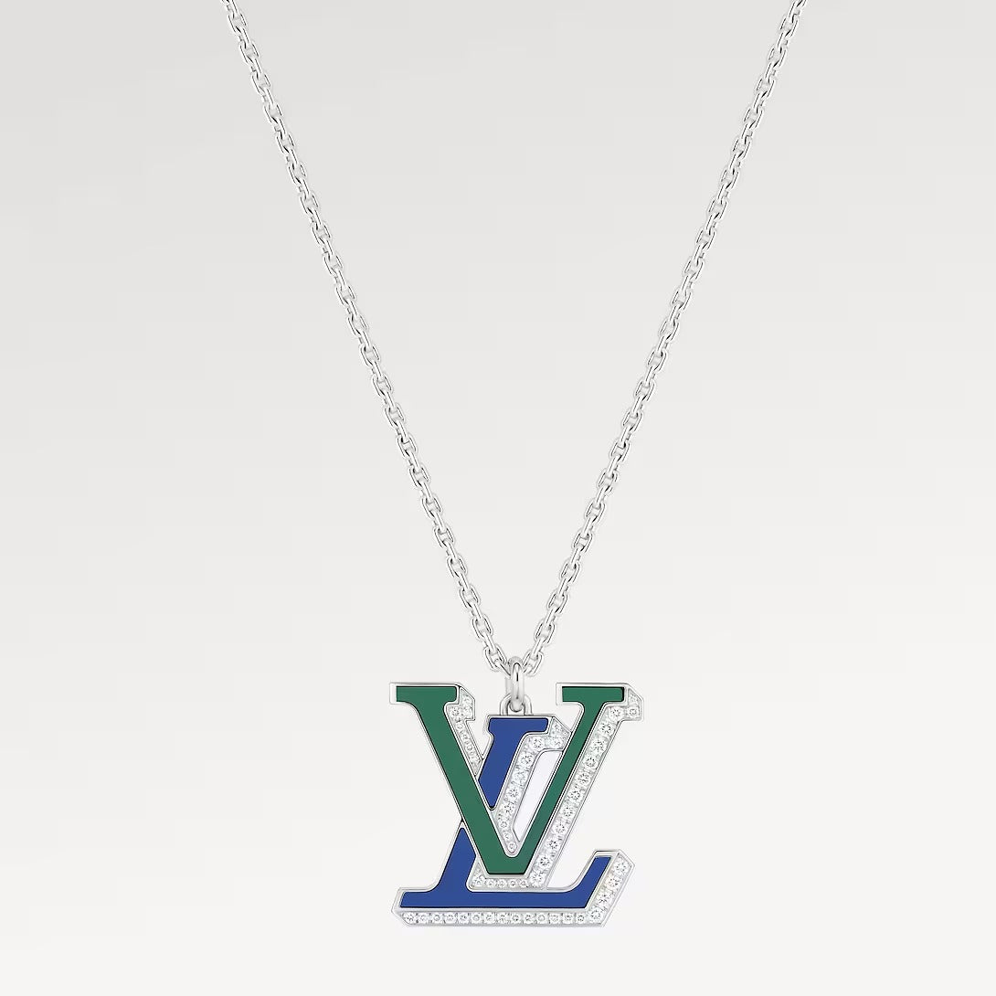 LV Large Pendant, White Gold, Diamonds, Blue Agate and Green Agate