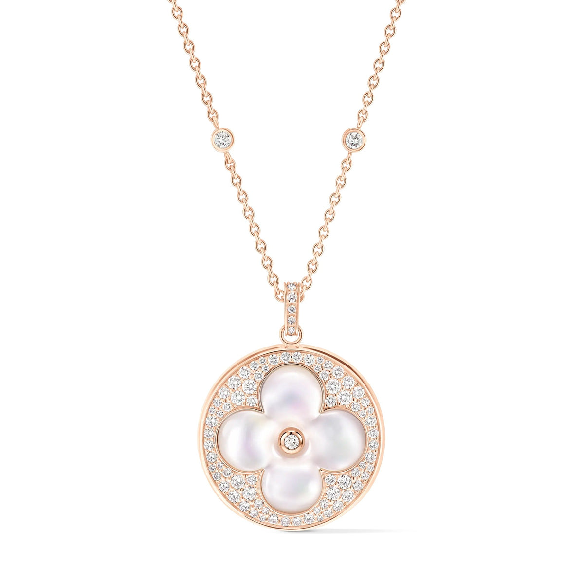 Color Blossom XL Sun Pendant, Pink Gold, White Mother-of-Pearl and Diamonds
