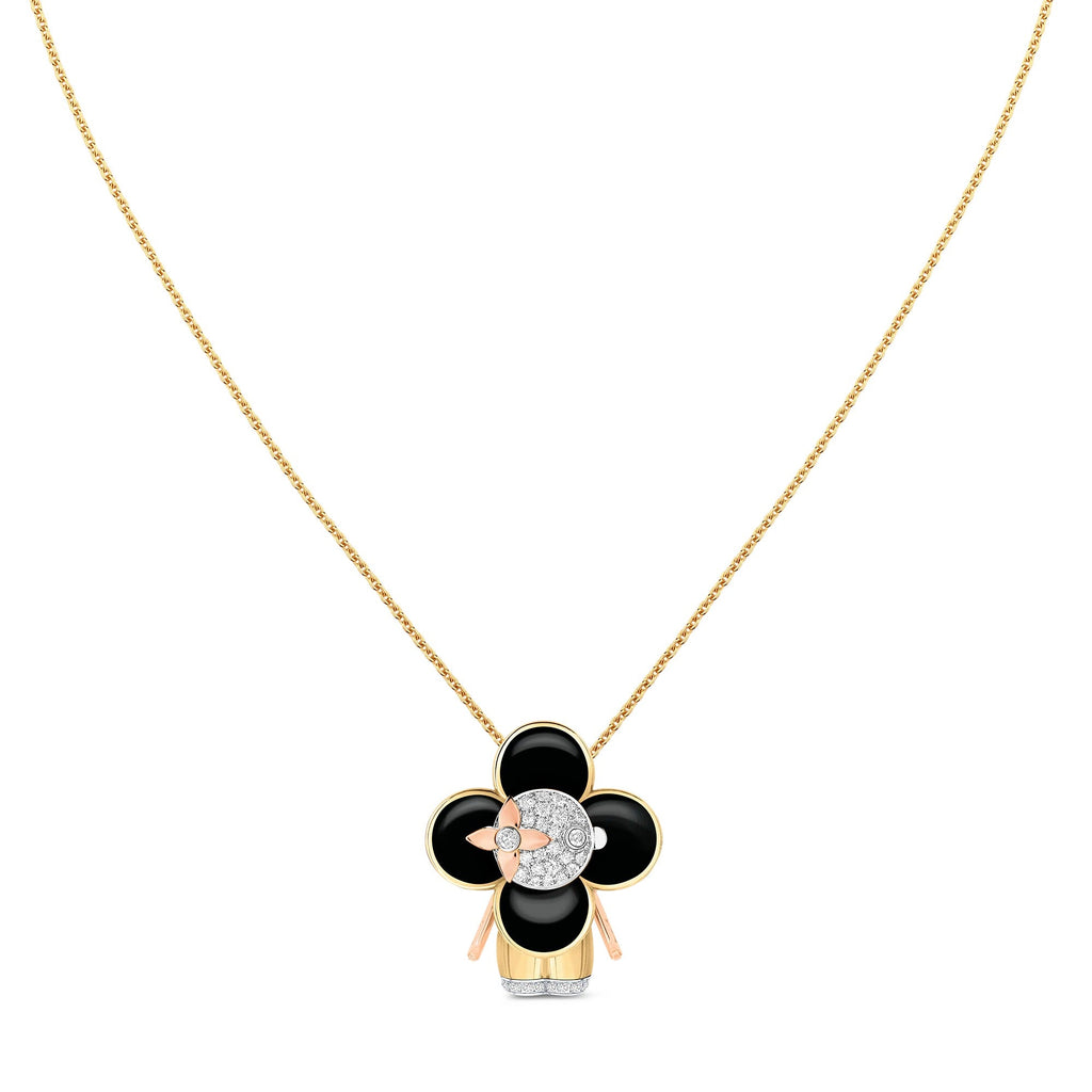 Vivienne pendant, 3 golds, black lacquer & diamonds