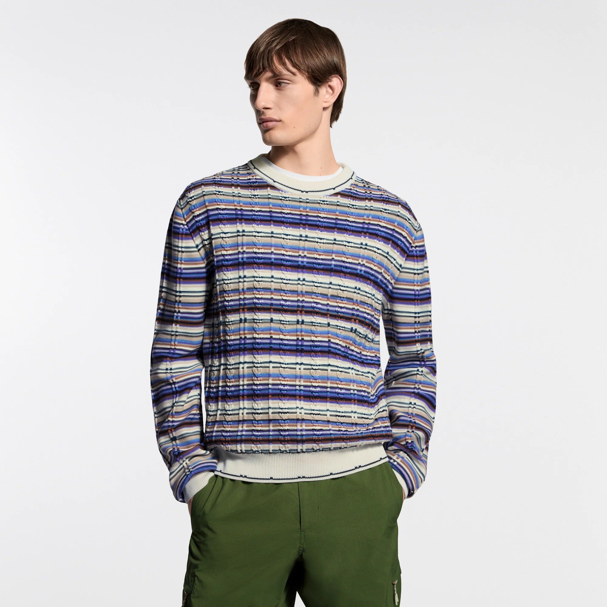 Striped Cable-Knit Crewneck