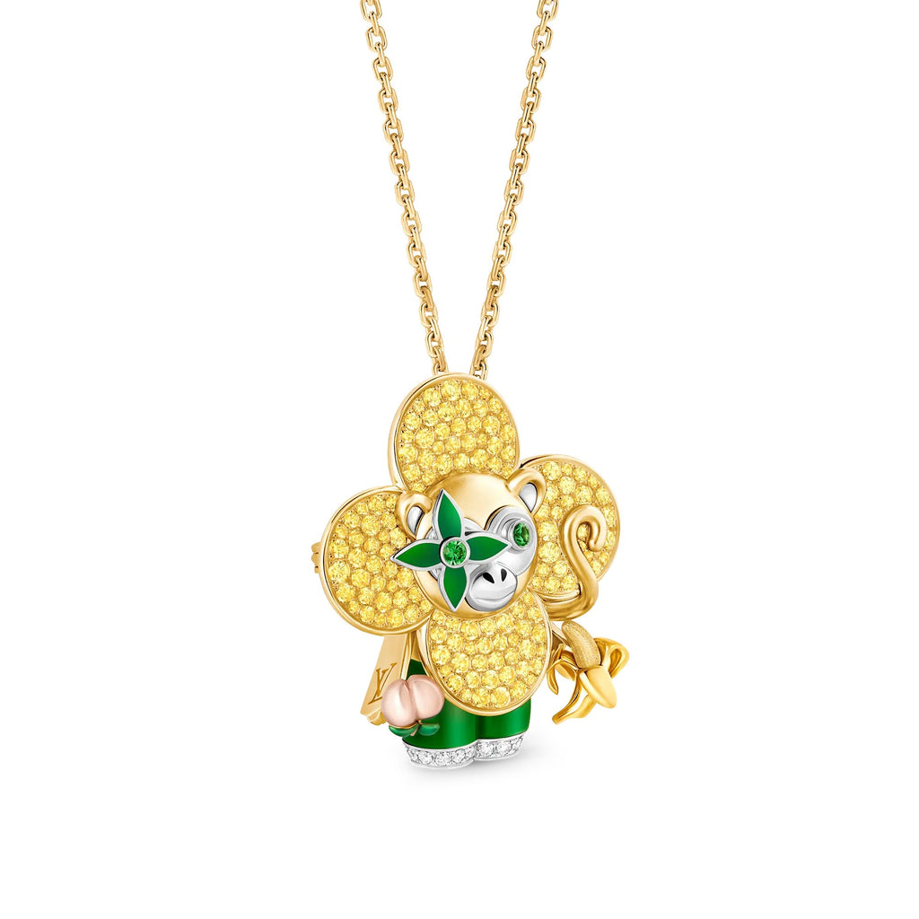 Vivienne Monkey Pendant, 3 Golds, Lacquer, Diamonds & Colored Gemstones