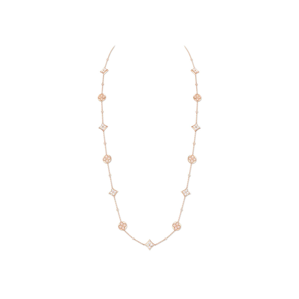 Color Blossom BB Star and Sun Multi-Motif Long Necklace, Pink Gold, White Mother-of-Pearl and Diamonds