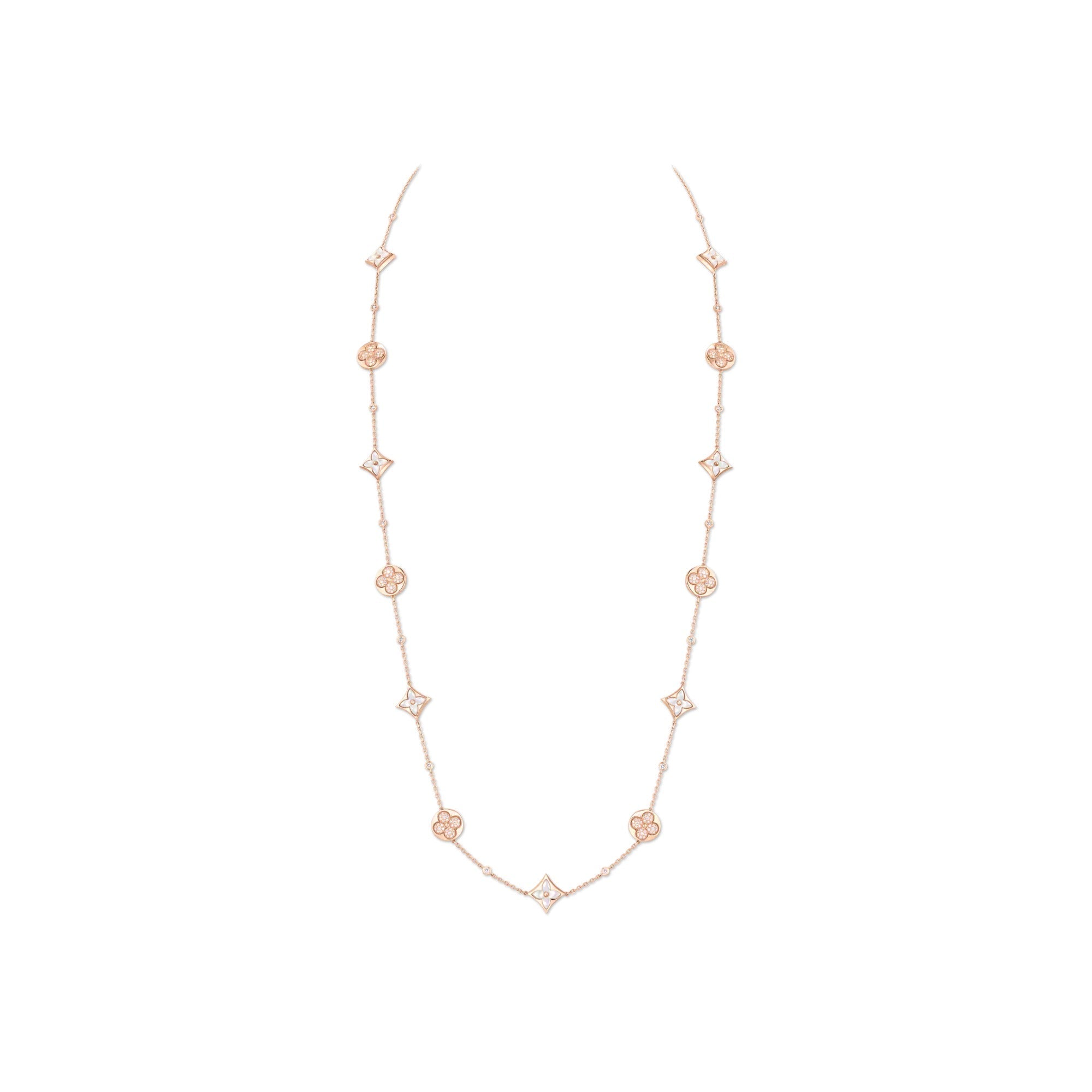 Color Blossom BB Star and Sun Multi-Motif Long Necklace, Pink Gold, White Mother-of-Pearl and Diamonds