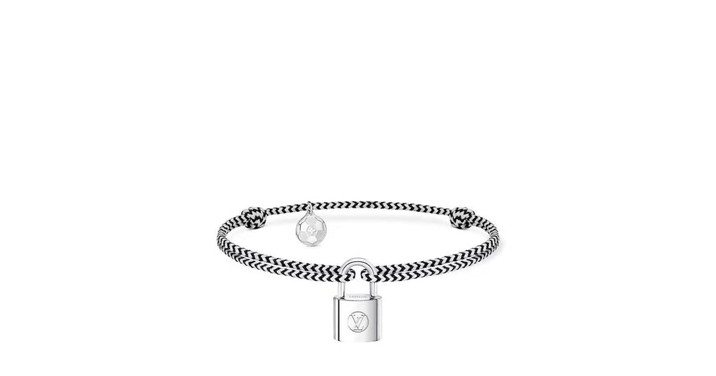 Silver Lockit Bracelet, Sterling Silver, Black and White Polyester Cord with Football Charm