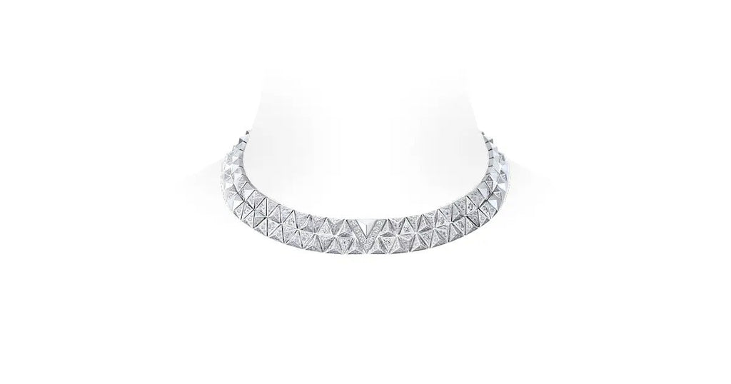 Pure V Two-Row Necklace, White Gold and Diamonds
