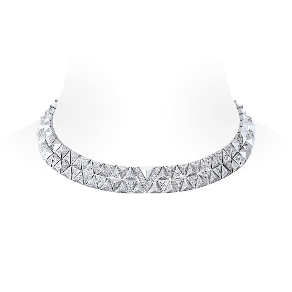 Pure V Two-Row Necklace, White Gold and Diamonds