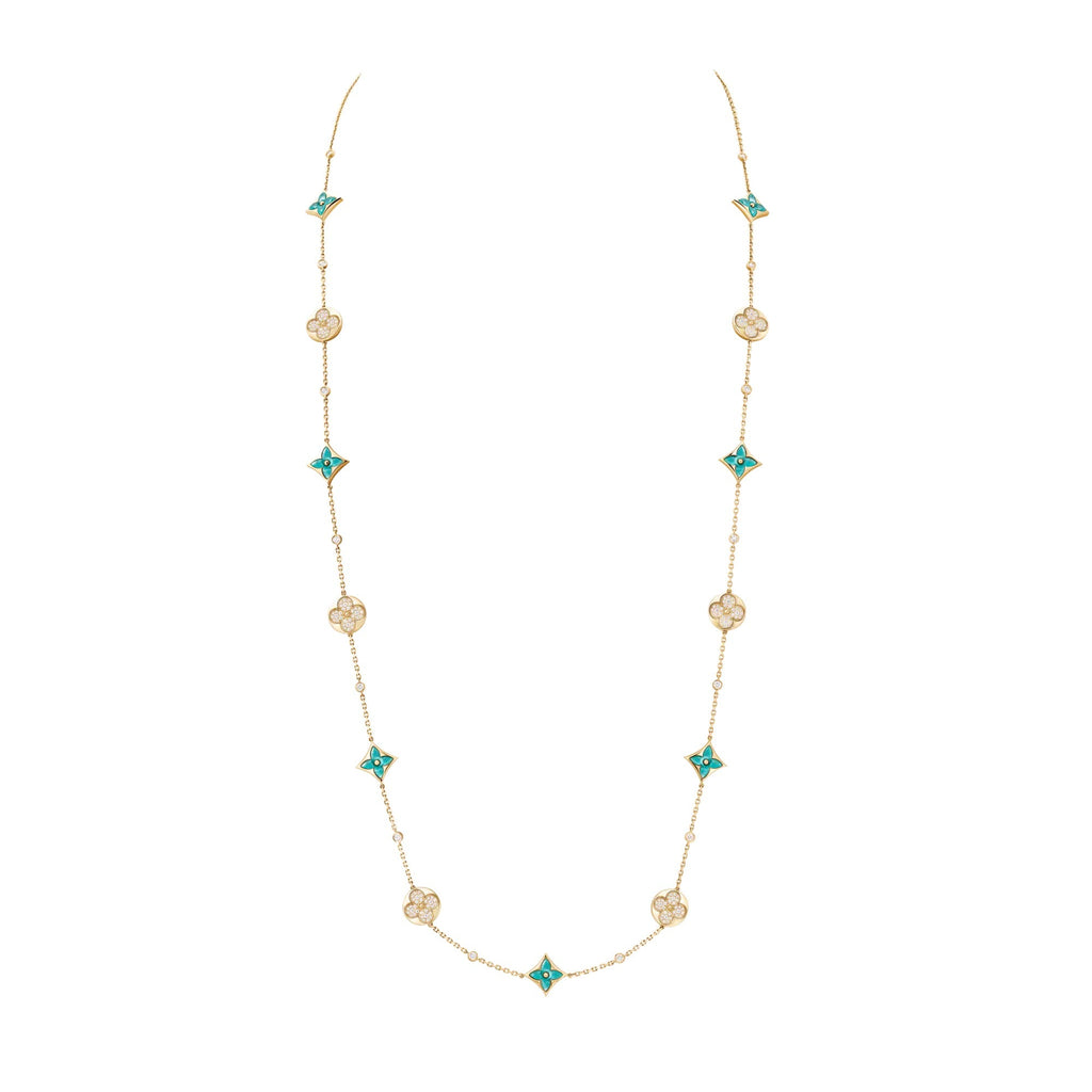 Color Blossom BB Star and Sun Multi-Motif Long Necklace, Yellow Gold, Amazonite and Diamonds