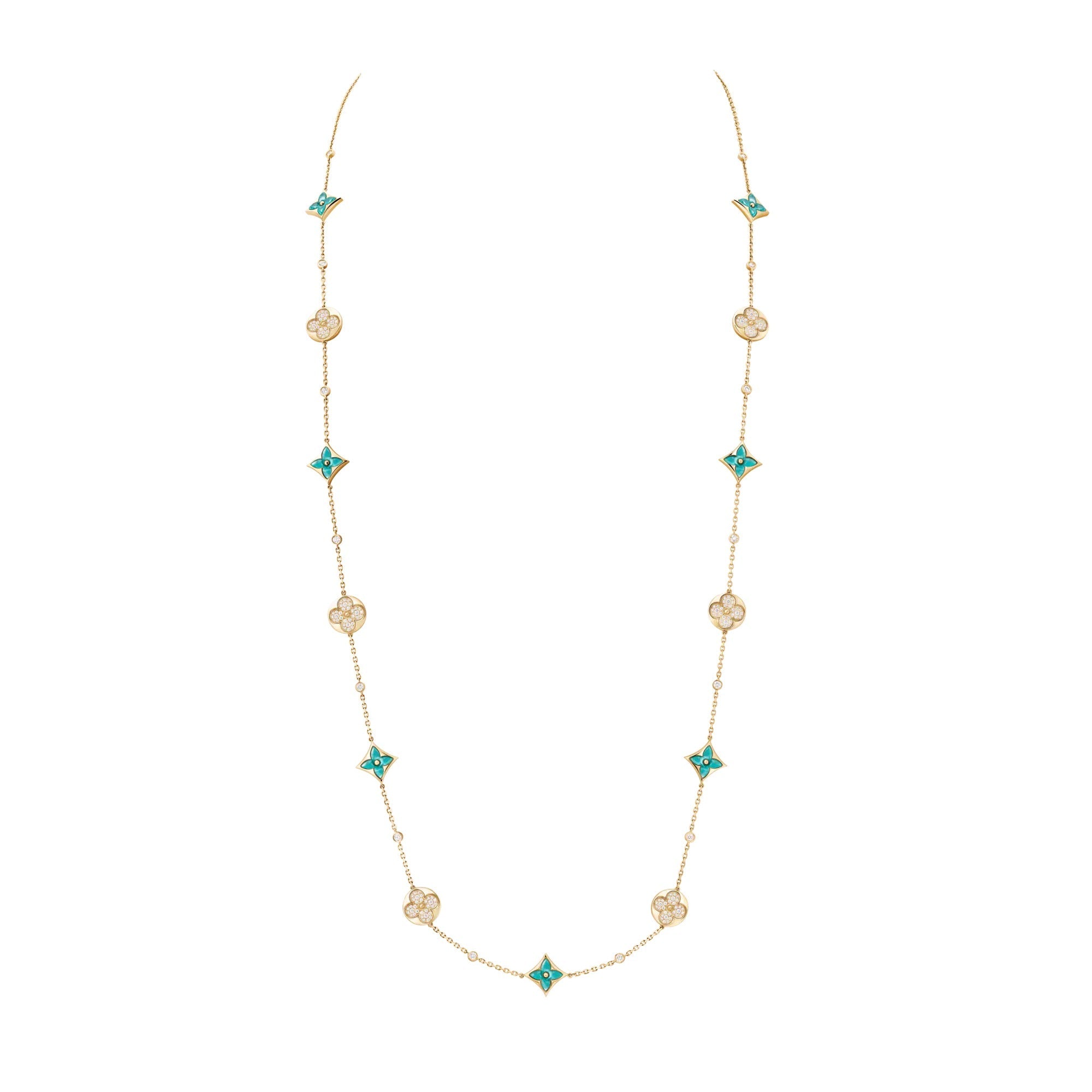 Color Blossom BB Star and Sun Multi-Motif Long Necklace, Yellow Gold, Amazonite and Diamonds