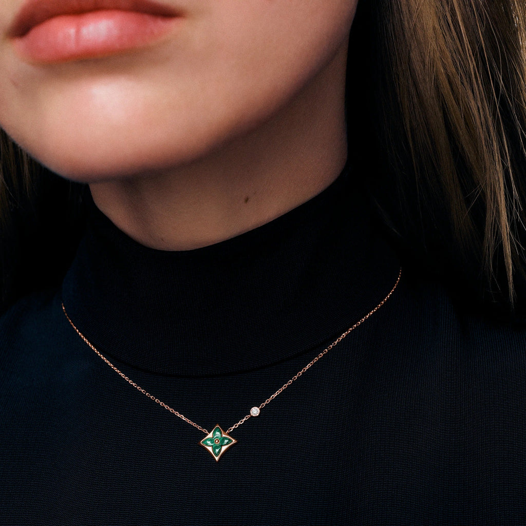 Color Blossom BB Star Pendant, Pink Gold, Malachite and Diamond