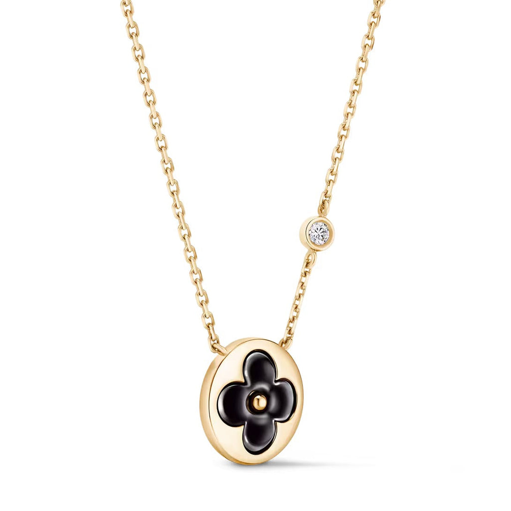 Color Blossom BB Sun Pendant, Yellow Gold, Onyx and Diamond