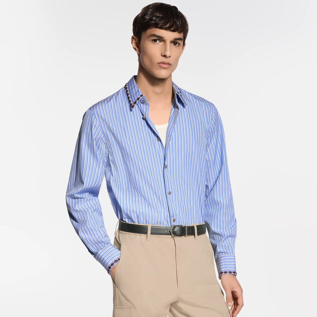 Bead-Embroidered Long-Sleeved Striped Shirt