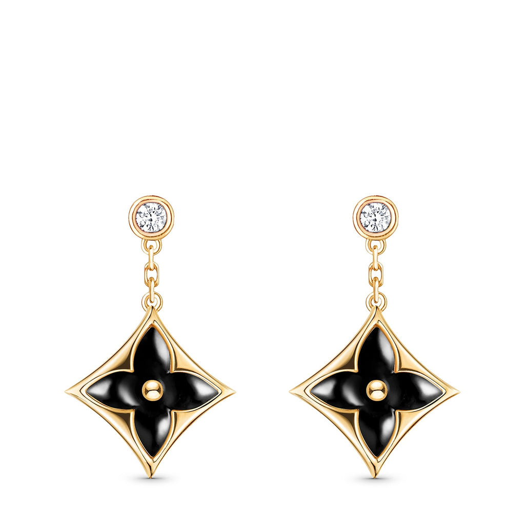 Color Blossom BB Star Earrings, Yellow Gold, Onyx and Diamonds