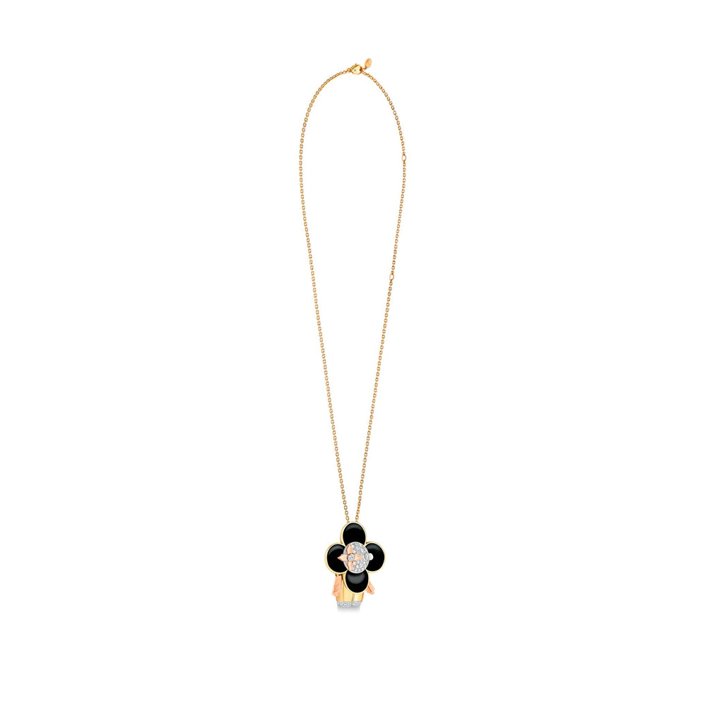 Vivienne pendant, 3 golds, black lacquer & diamonds