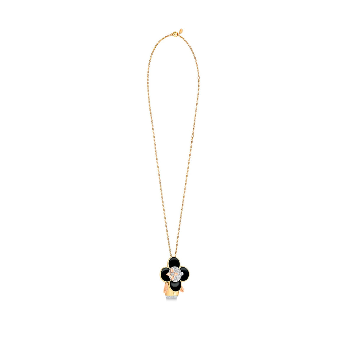 Vivienne pendant, 3 golds, black lacquer & diamonds