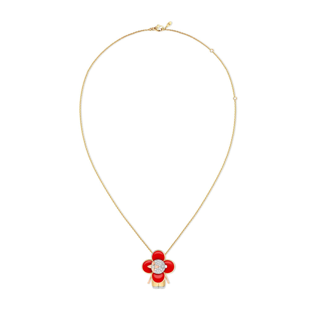 Vivienne pendant, 3 golds, red lacquer & diamonds