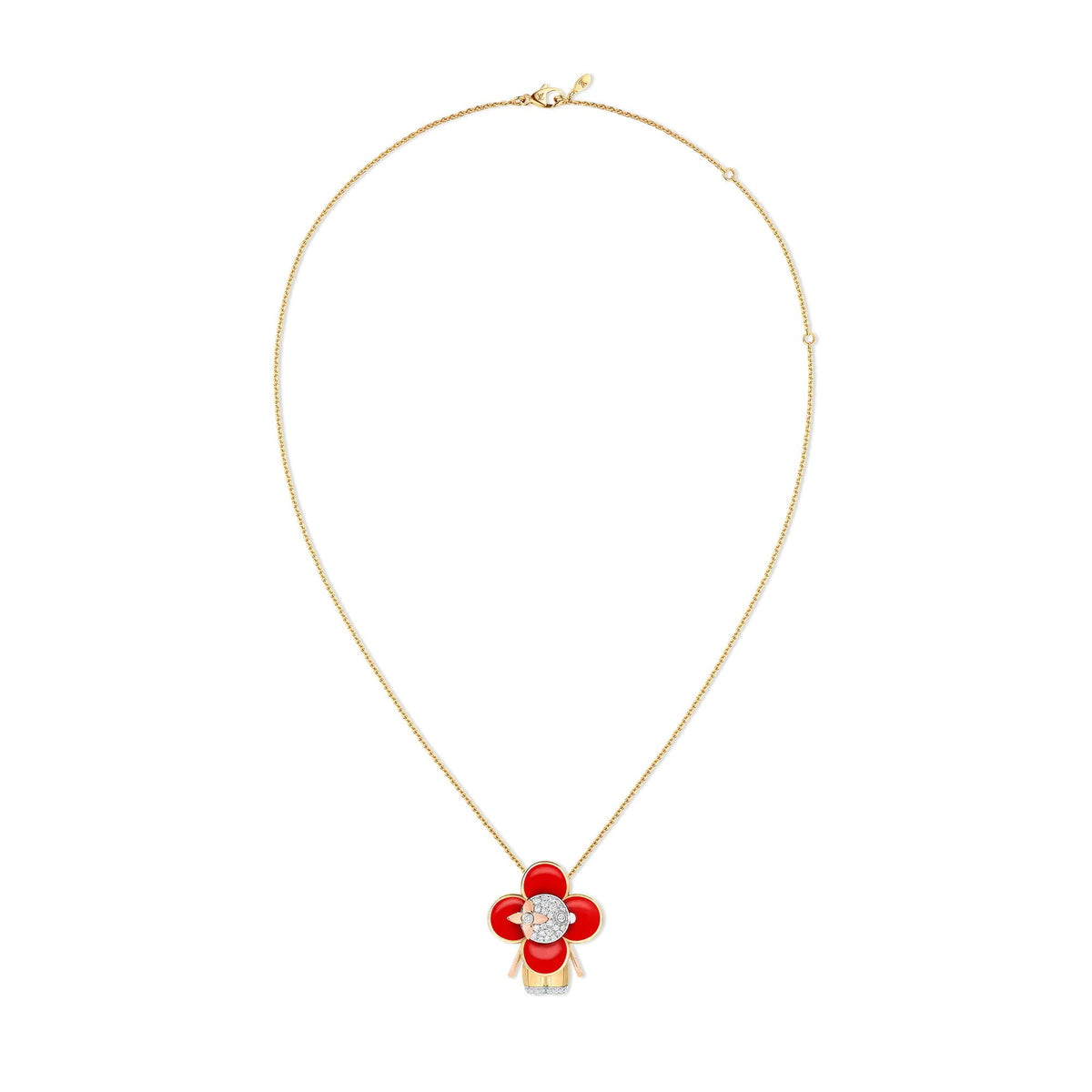 Vivienne pendant, 3 golds, red lacquer & diamonds