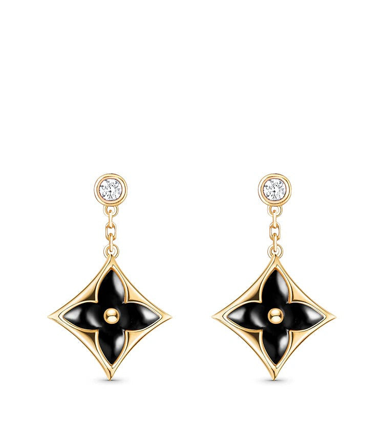 Color Blossom BB Star Earrings, Yellow Gold, Onyx and Diamonds