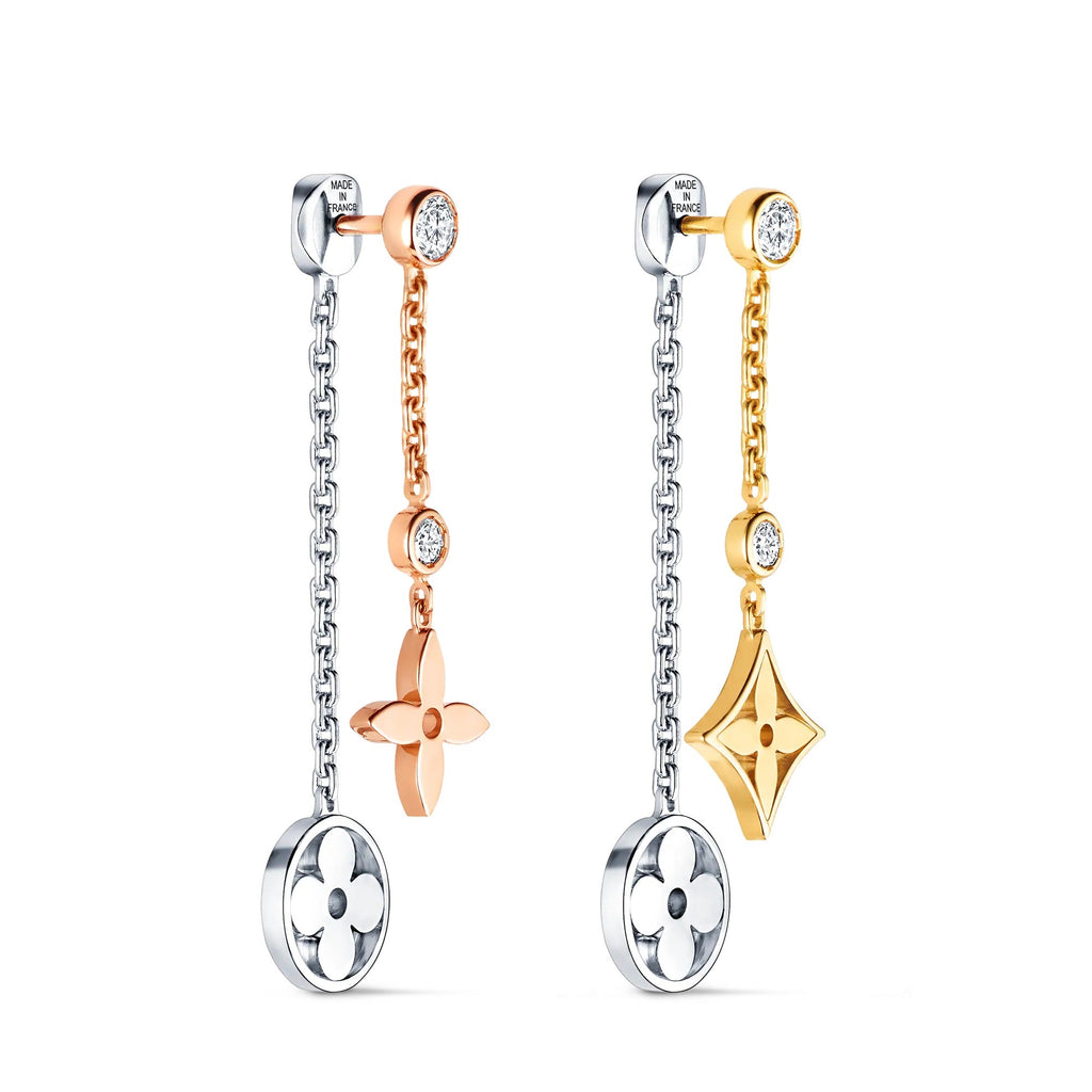 Blossom long earrings, 3 golds and diamonds