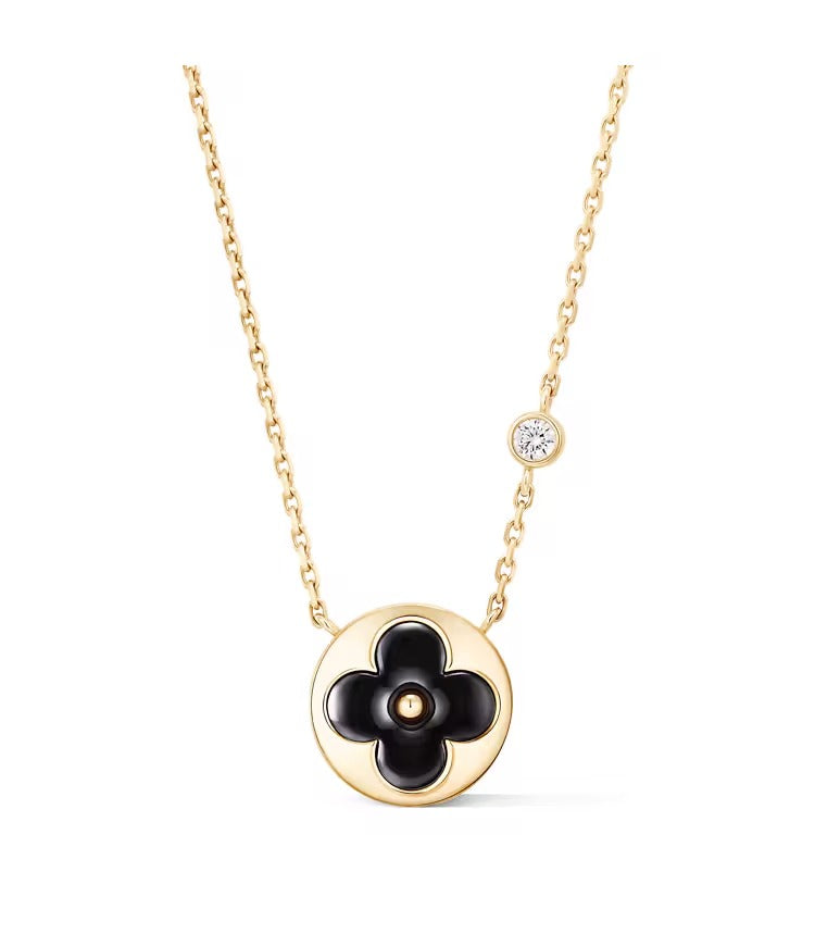 Color Blossom BB Sun Pendant, Yellow Gold, Onyx and Diamond