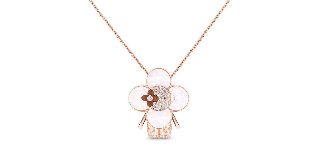 Vivienne Monogram Pendant, Pink Gold, Mother-Of-Pearl, Wood & Diamonds
