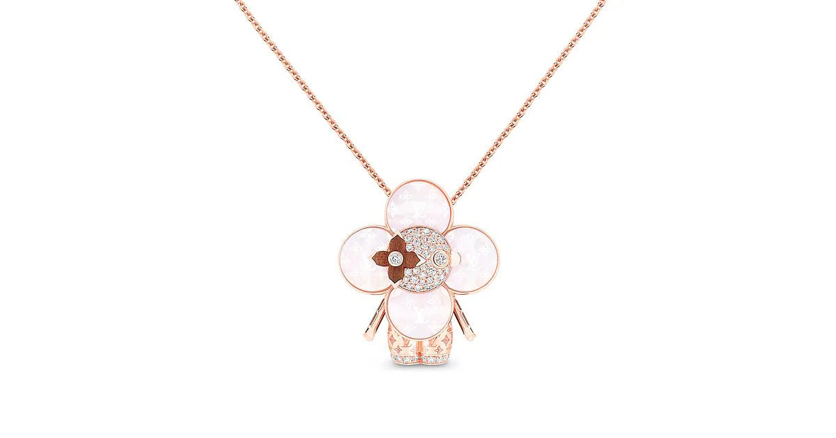Vivienne Monogram Pendant, Pink Gold, Mother-Of-Pearl, Wood & Diamonds