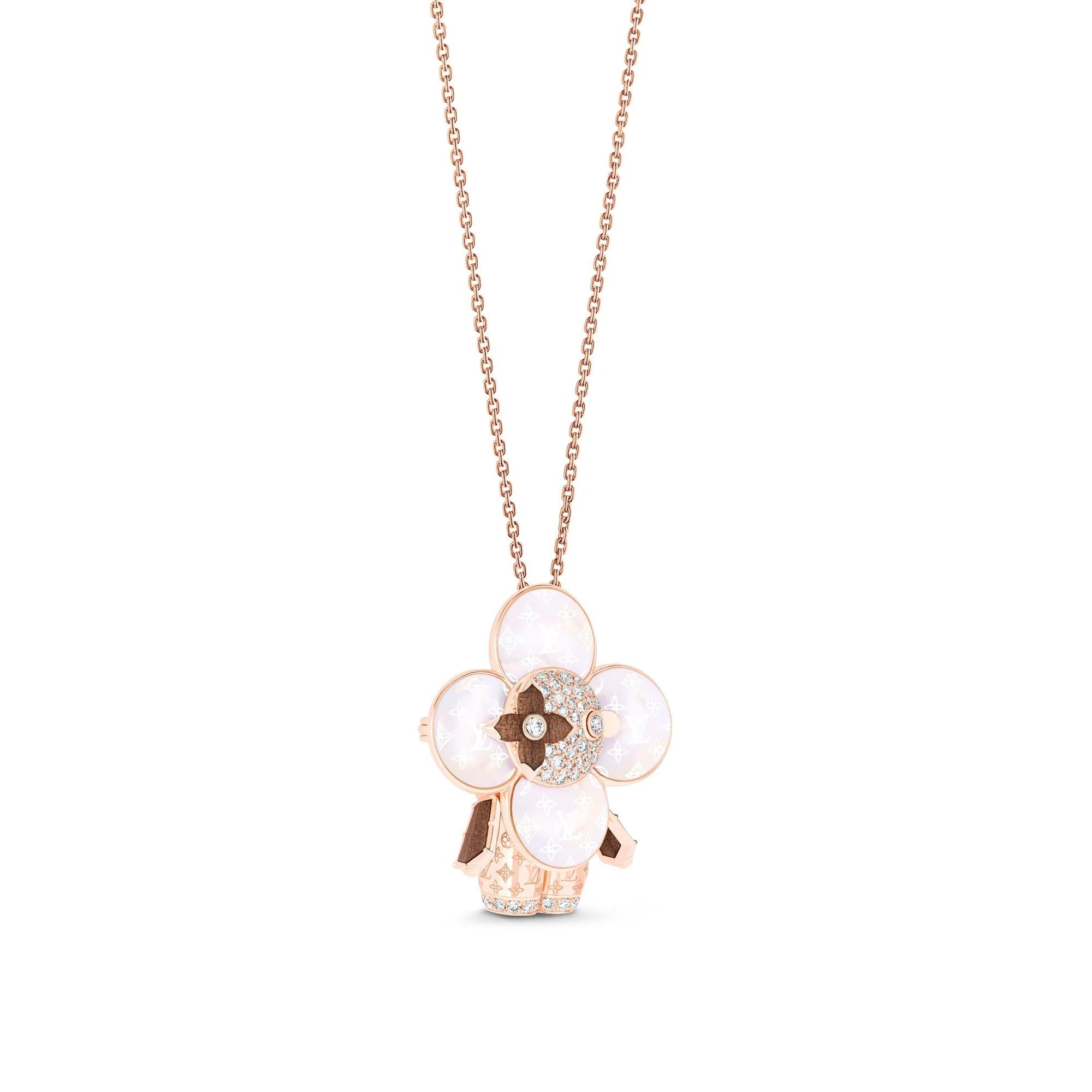 Vivienne Monogram Pendant, Pink Gold, Mother-Of-Pearl, Wood & Diamonds