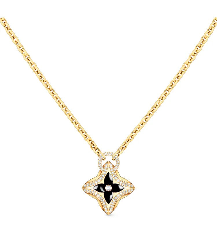 Ever Blossom Pendant, Yellow Gold, Onyx & Diamonds