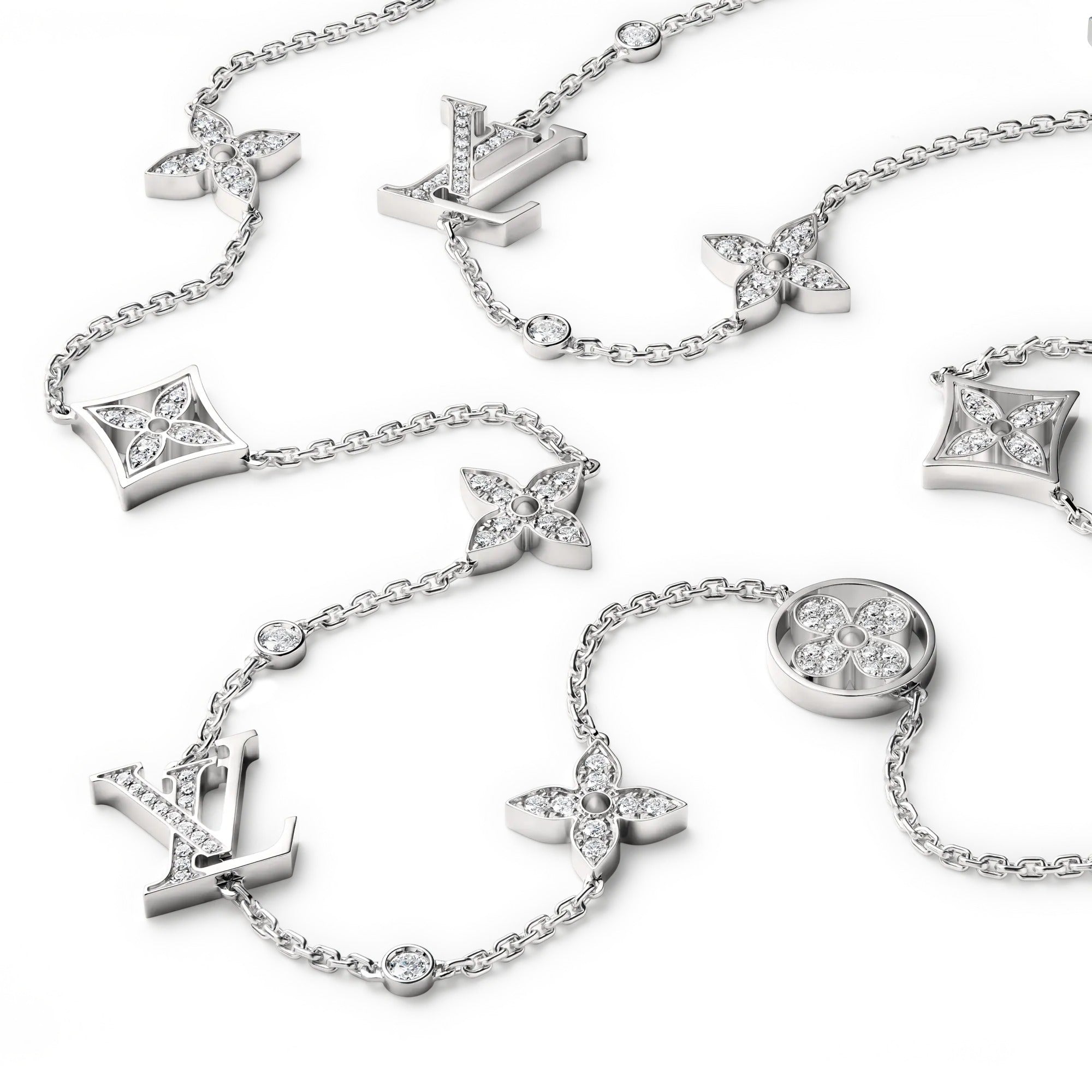 Idylle Blossom Multi-Motif Long Necklace, White Gold and Diamonds
