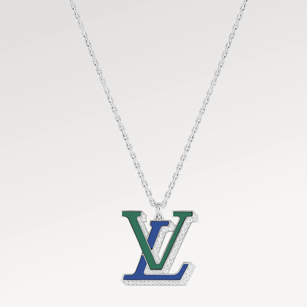 LV Large Pendant, White Gold, Diamonds, Blue Agate and Green Agate
