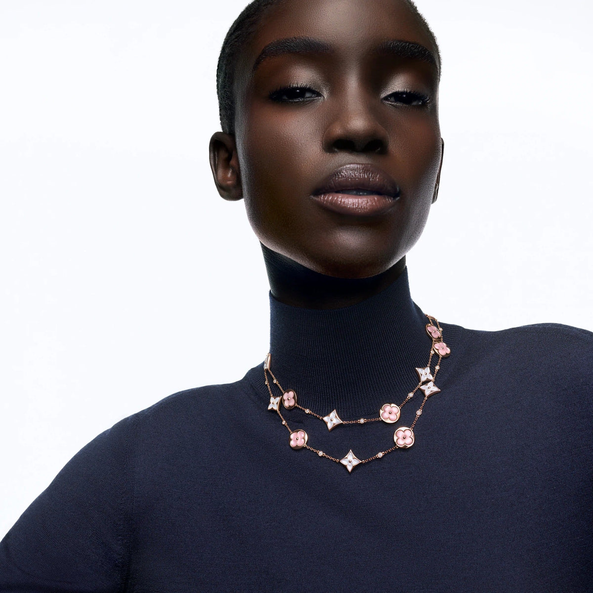 Color Blossom M Multi-Motif Long Necklace, Pink Gold, White and Pink Mother-of-Pearl and Diamonds