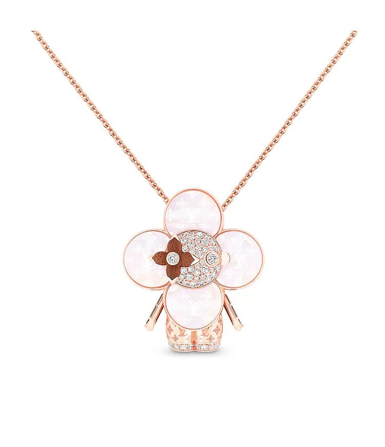 Vivienne Monogram Pendant, Pink Gold, Mother-Of-Pearl, Wood & Diamonds