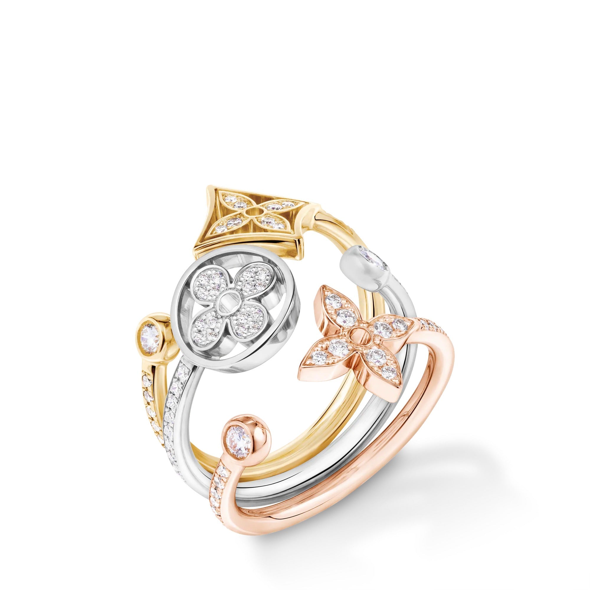 Idylle Blossom Paved Ring, 3 Golds And Diamonds