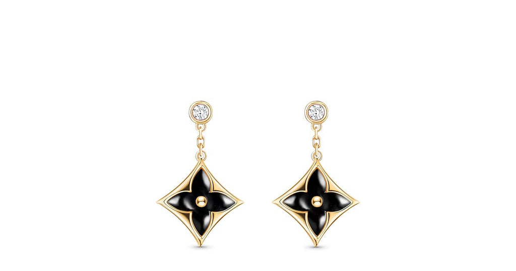 Color Blossom BB Star Earrings, Yellow Gold, Onyx and Diamonds