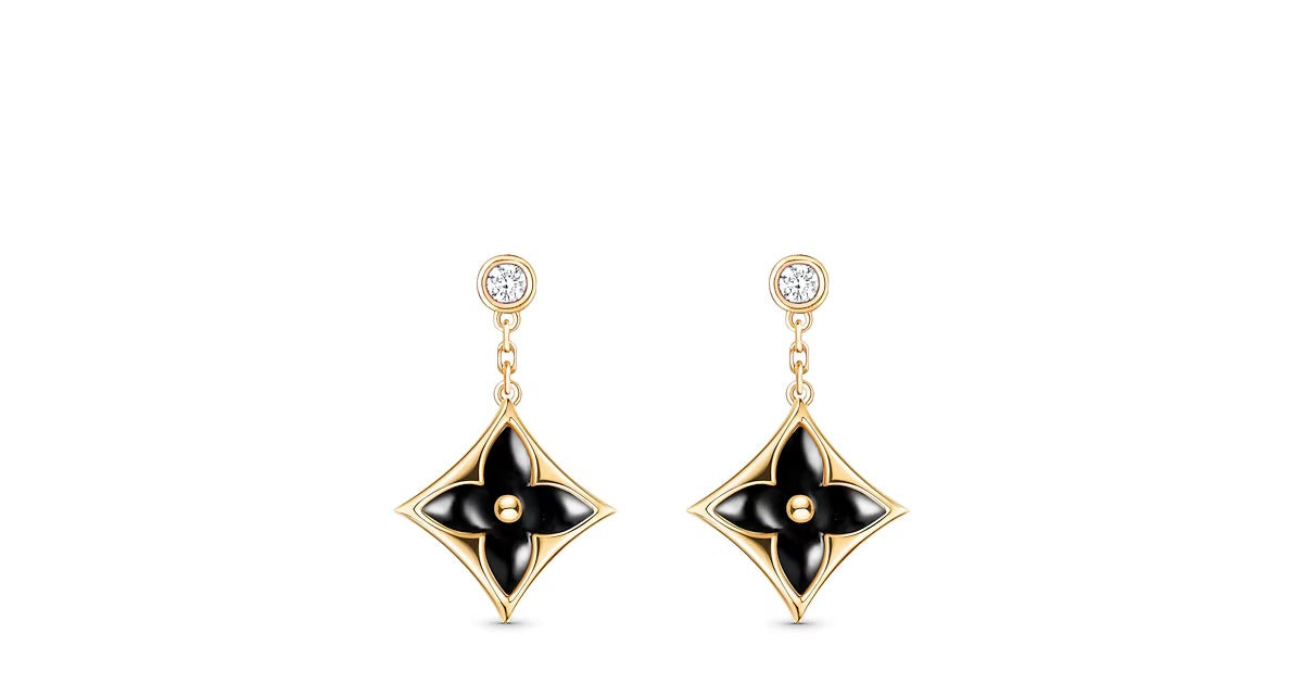 Color Blossom BB Star Earrings, Yellow Gold, Onyx and Diamonds