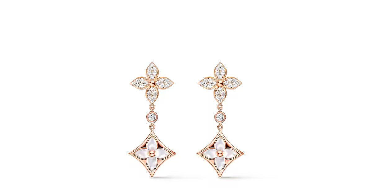 Color Blossom M Star Multi-Motif Earrings, Pink Gold, White Mother-of-Pearl and Diamonds