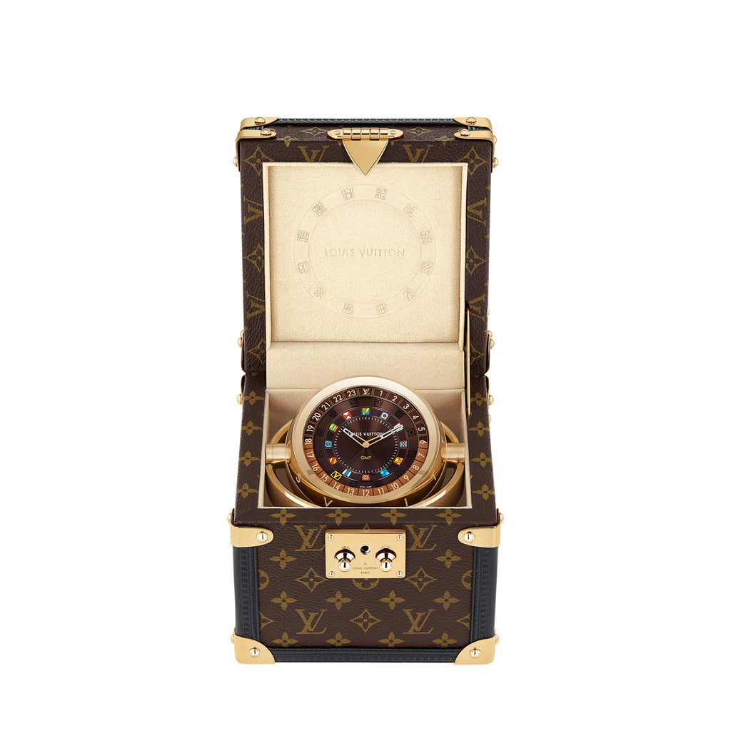 Trunk Table Clock, Quartz, 80mm, Brass, Monogram
