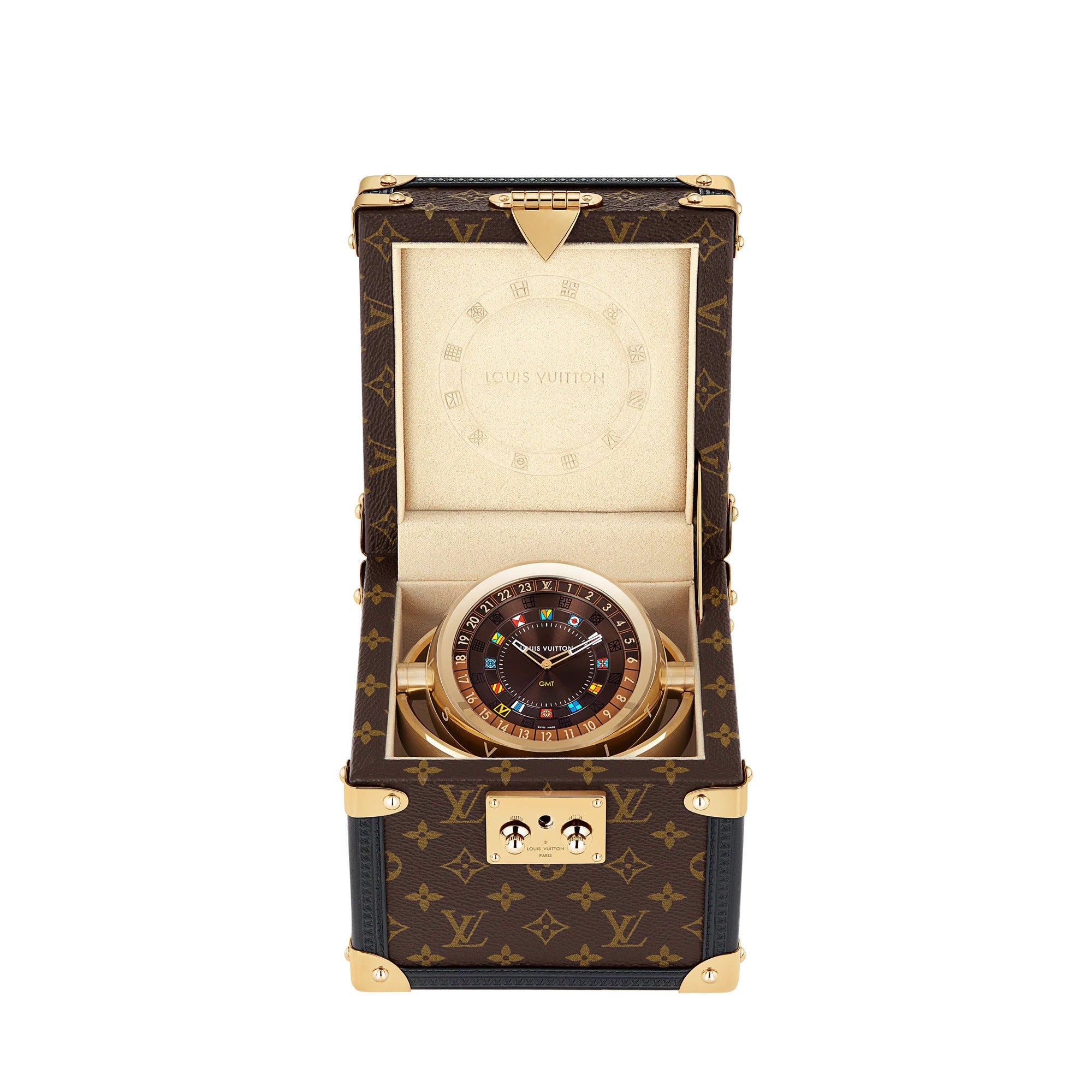 Trunk Table Clock, Quartz, 80mm, Brass, Monogram