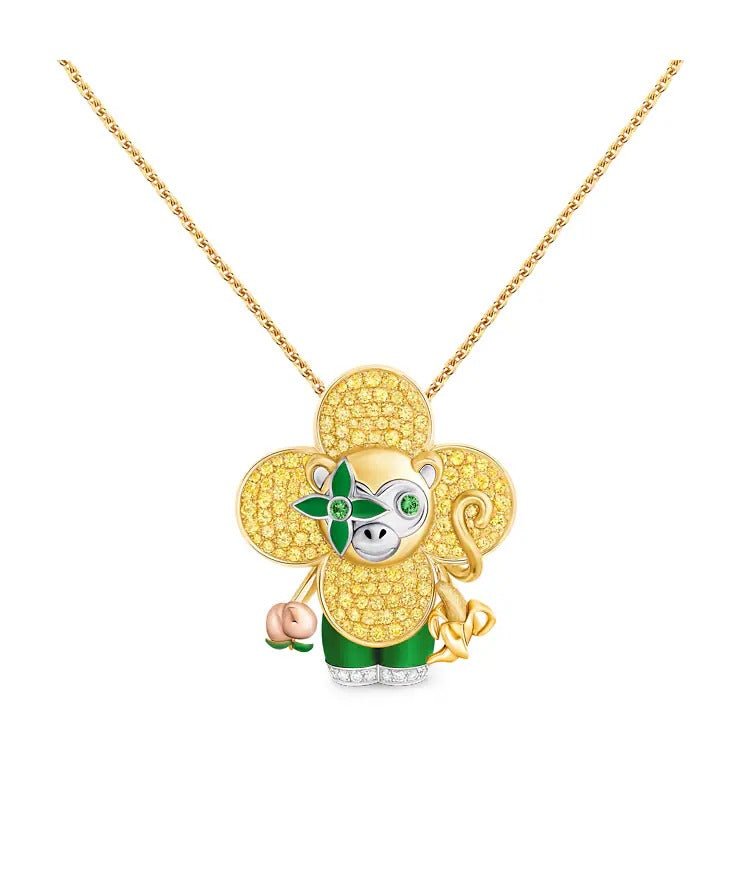 Vivienne Monkey Pendant, 3 Golds, Lacquer, Diamonds & Colored Gemstones