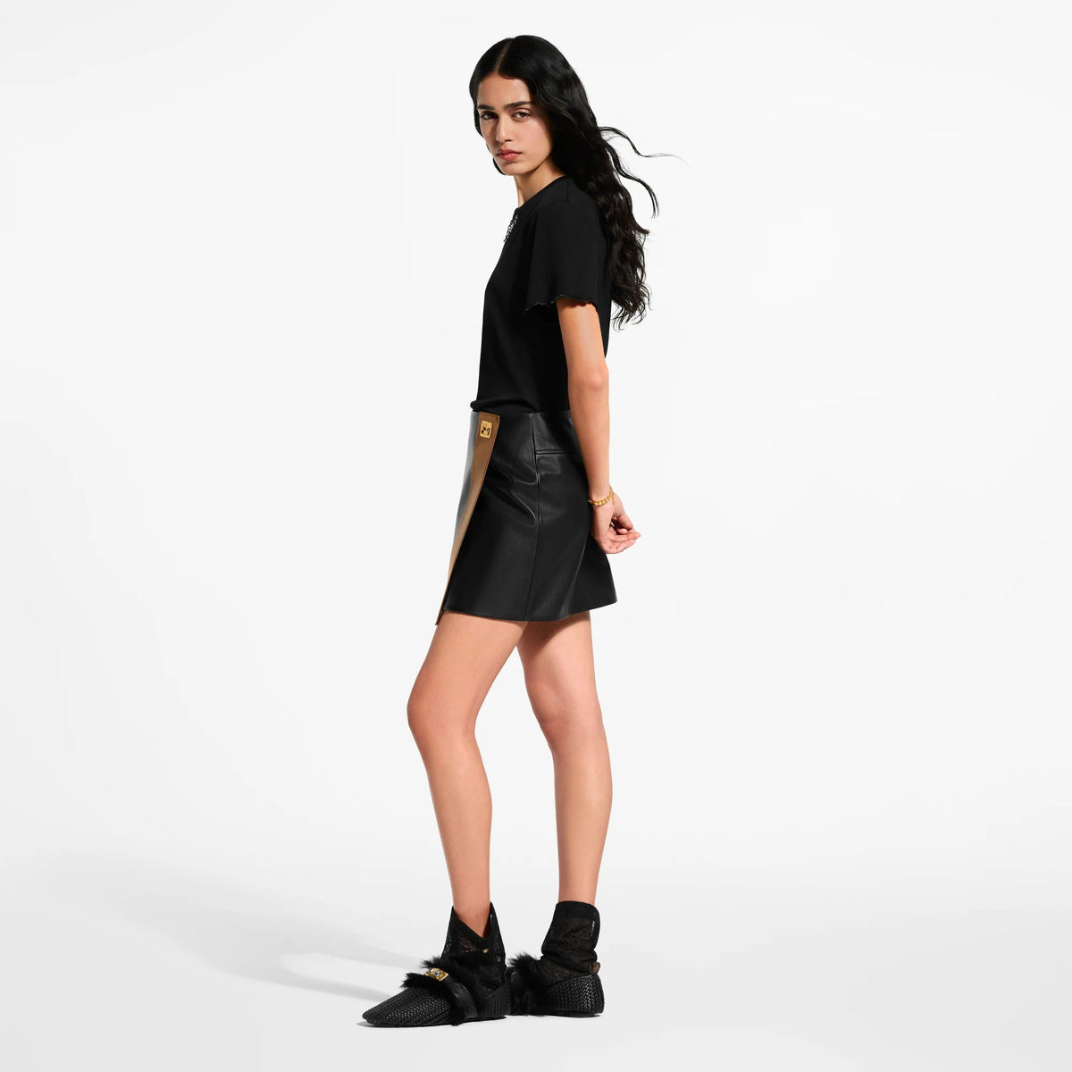 Color-Blocked Leather Mini Skirt