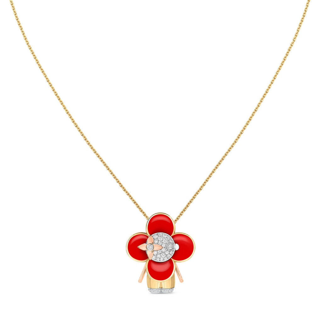 Vivienne pendant, 3 golds, red lacquer & diamonds