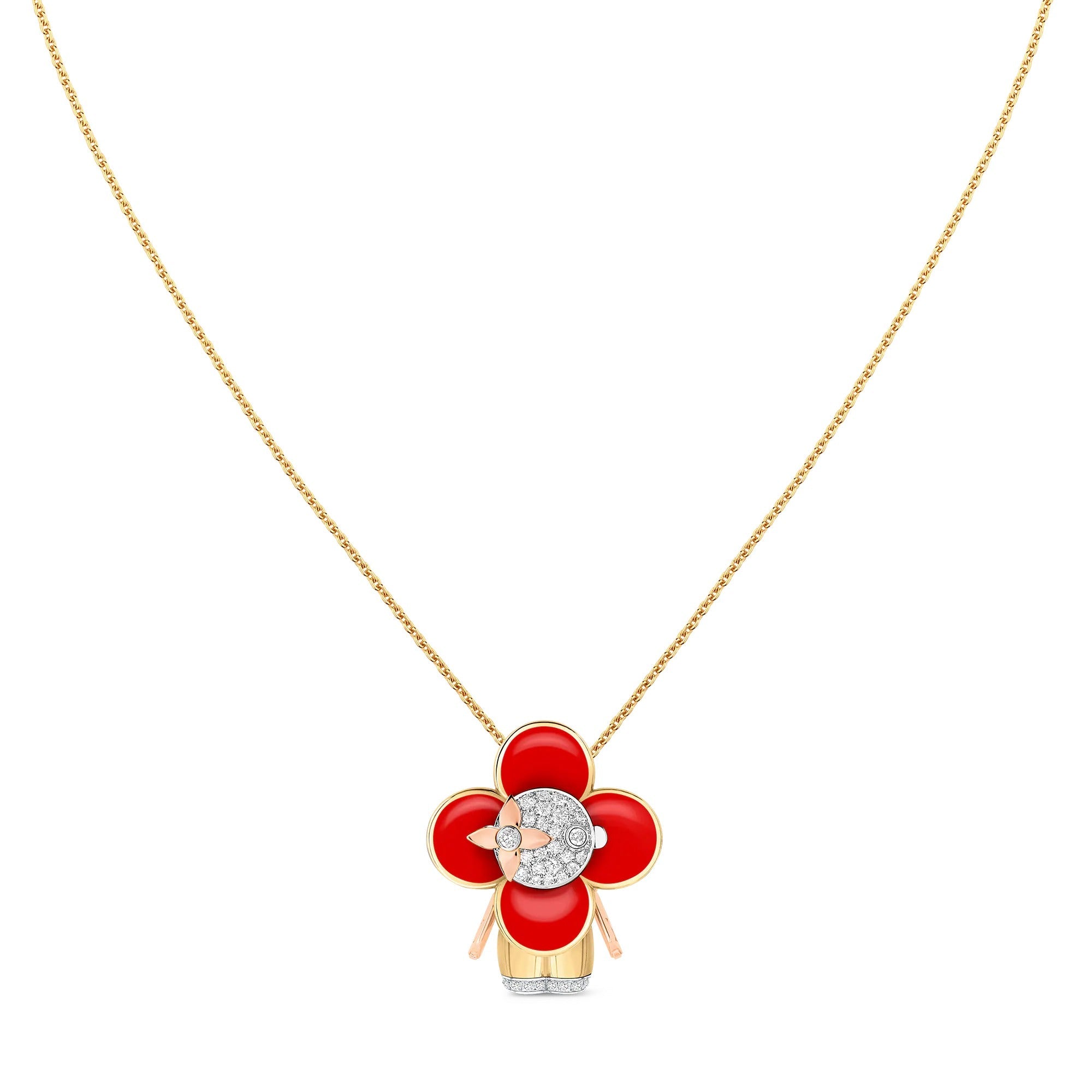Vivienne pendant, 3 golds, red lacquer & diamonds