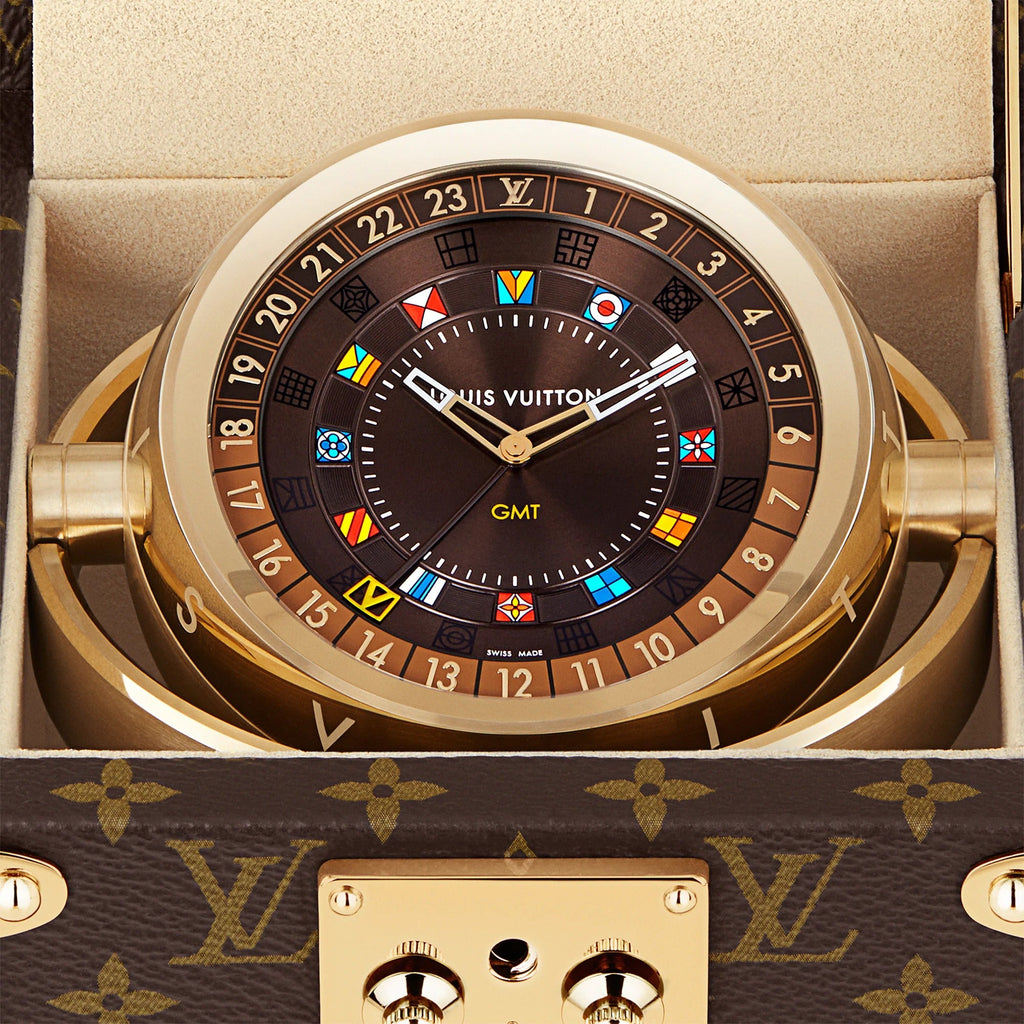 Trunk Table Clock, Quartz, 80mm, Brass, Monogram