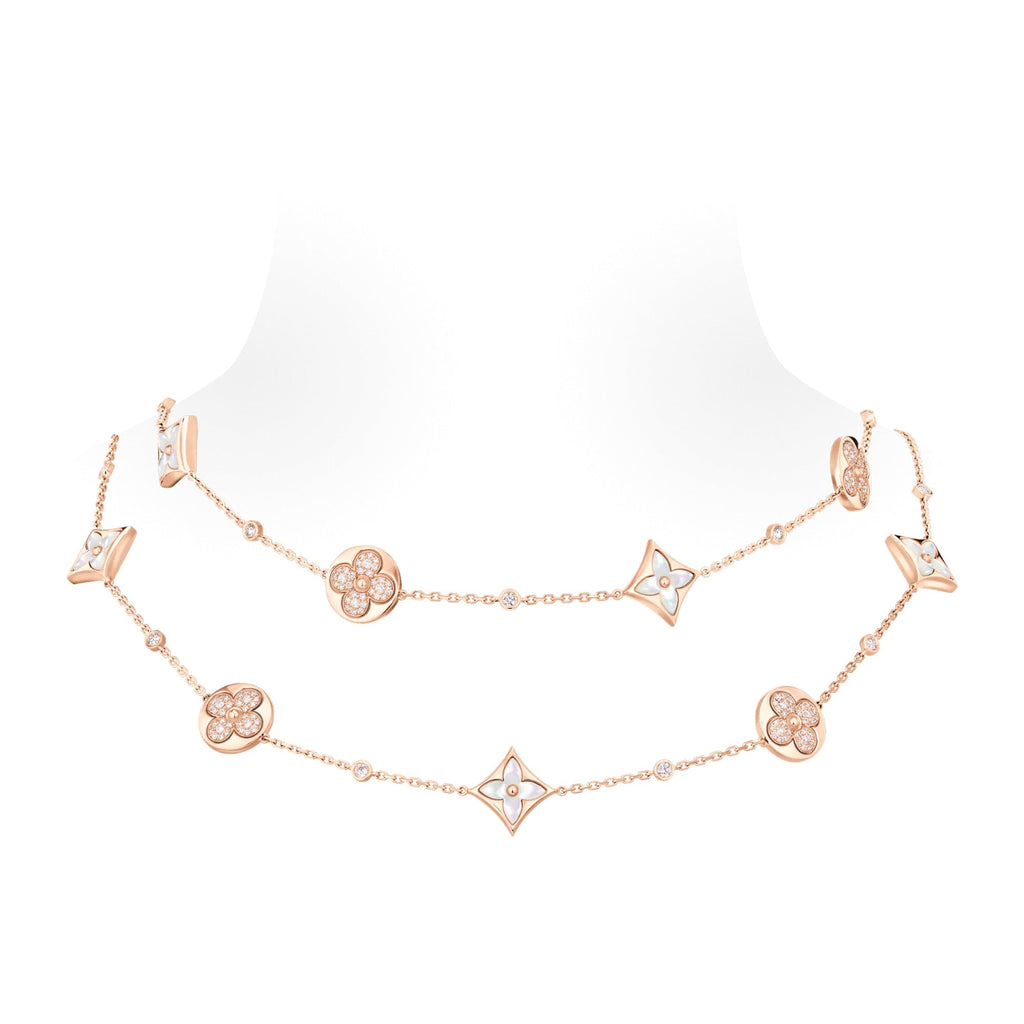 Color Blossom BB Star and Sun Multi-Motif Long Necklace, Pink Gold, White Mother-of-Pearl and Diamonds