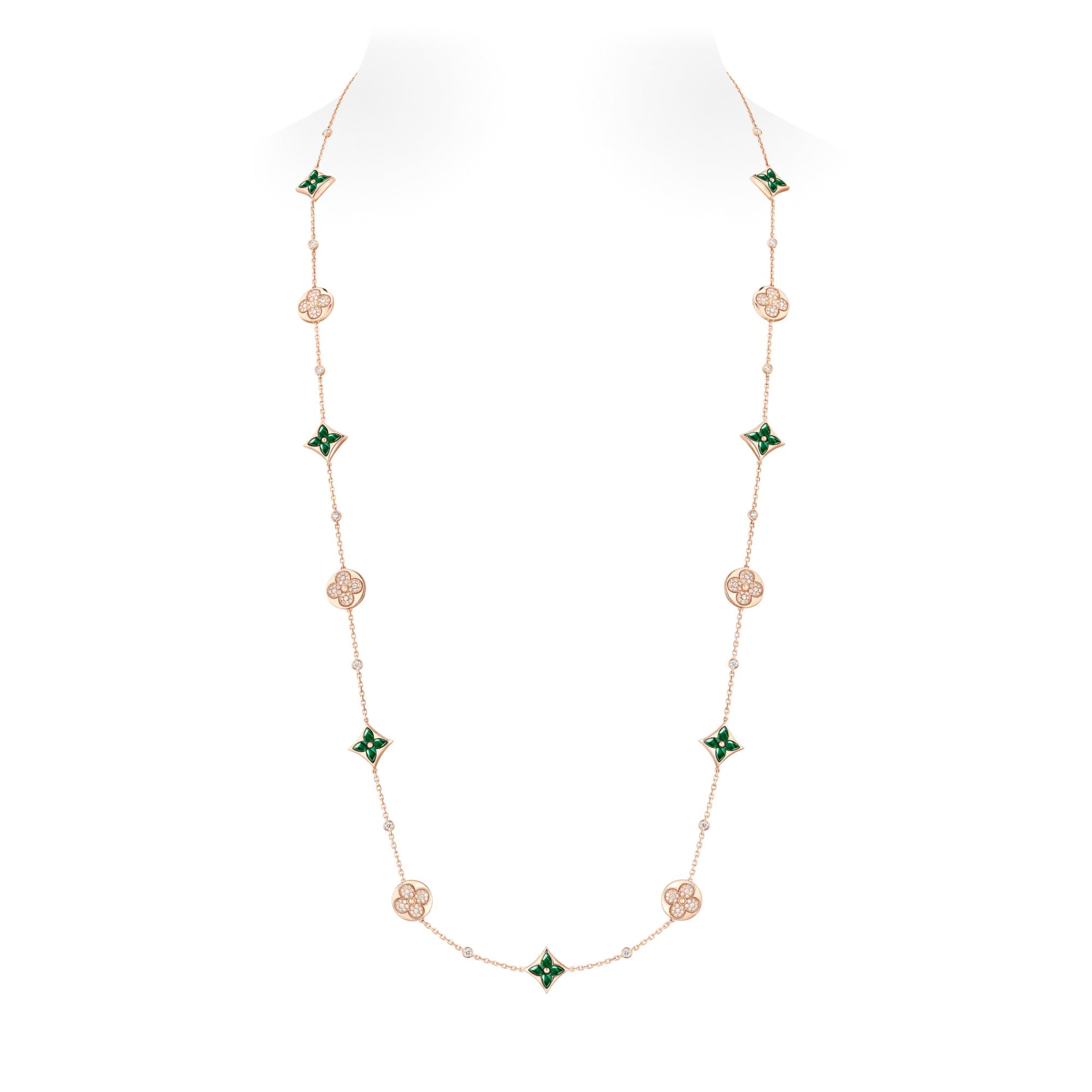Color Blossom BB Star and Sun Multi-Motif Long Necklace, Pink Gold, Malachite and Diamonds