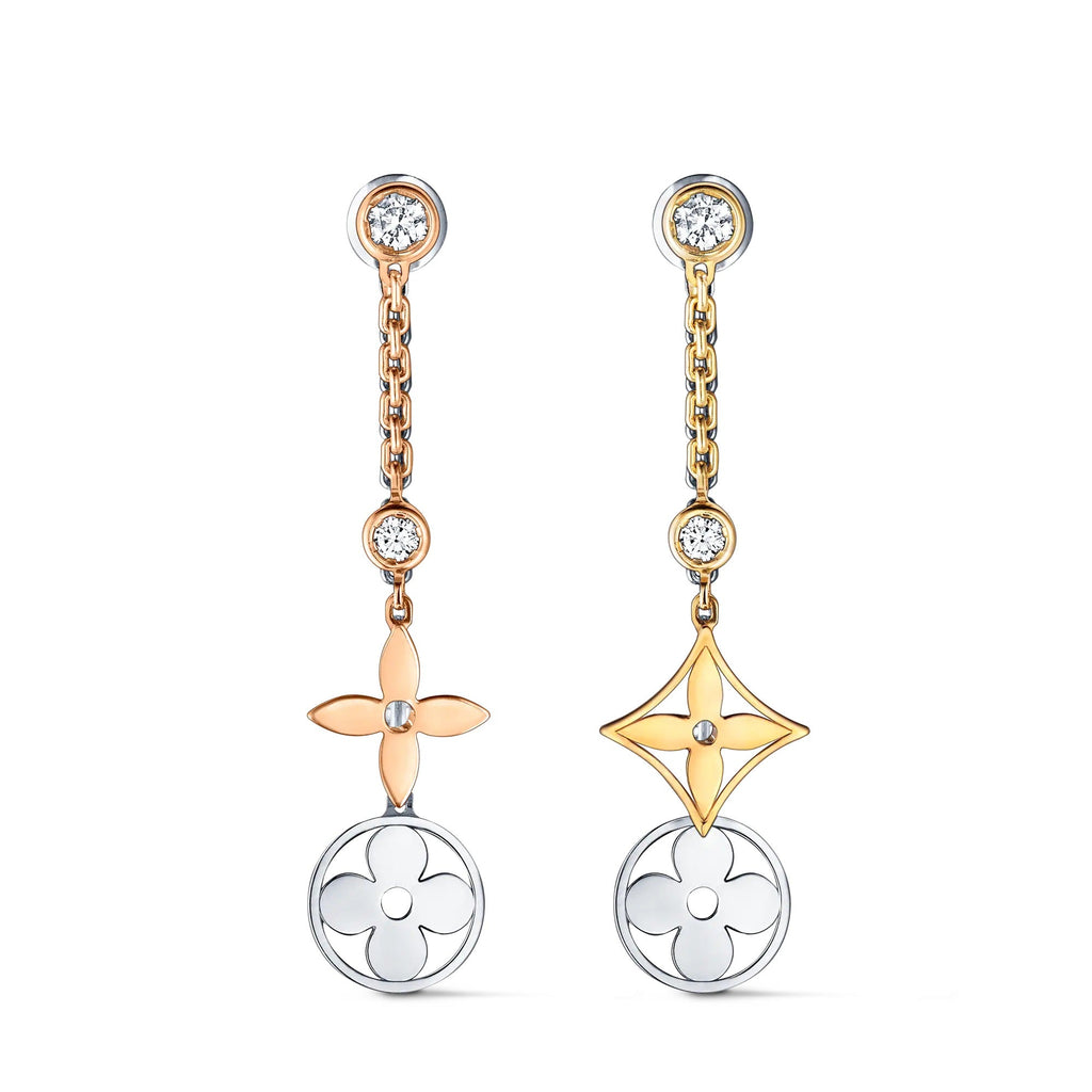 Blossom long earrings, 3 golds and diamonds