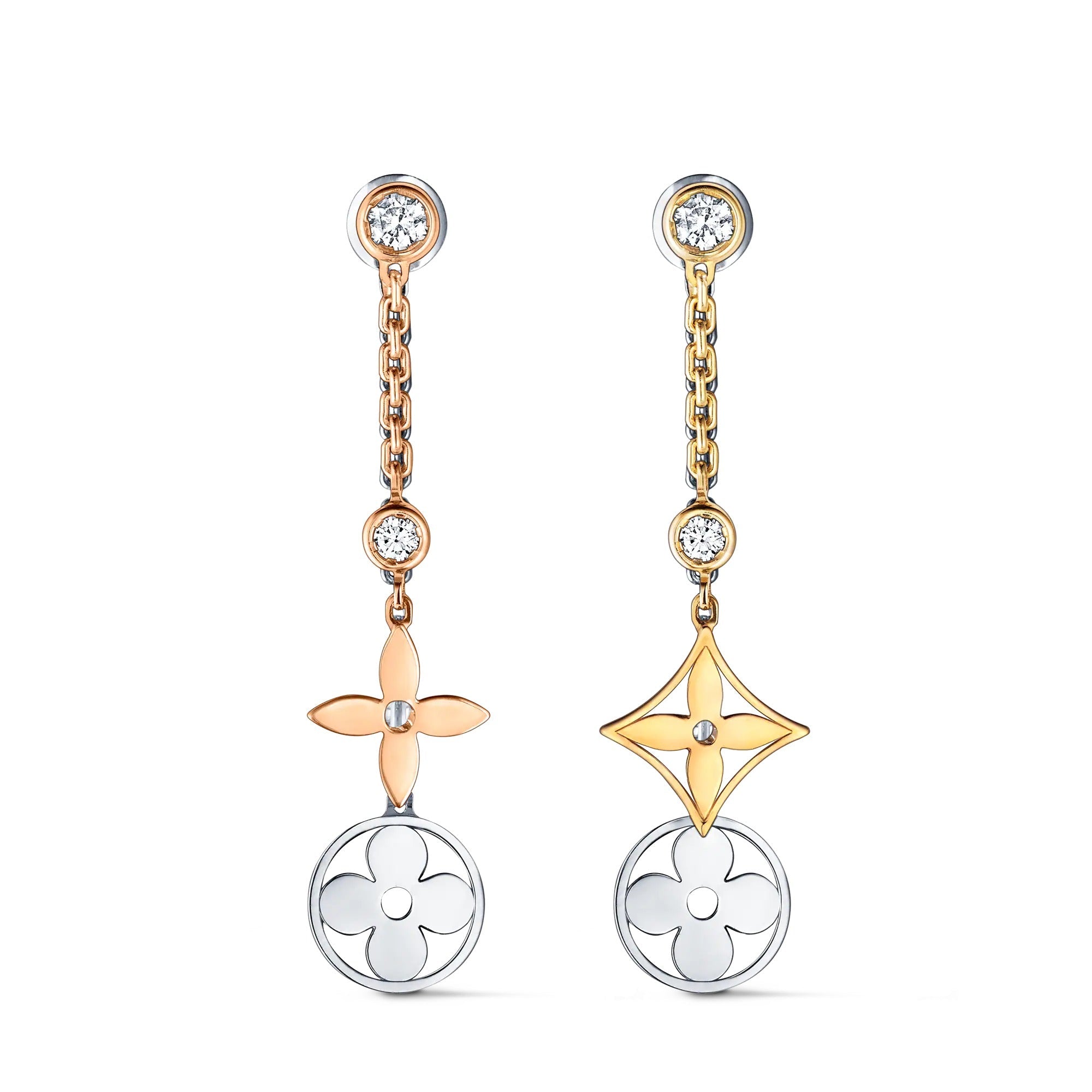Blossom long earrings, 3 golds and diamonds